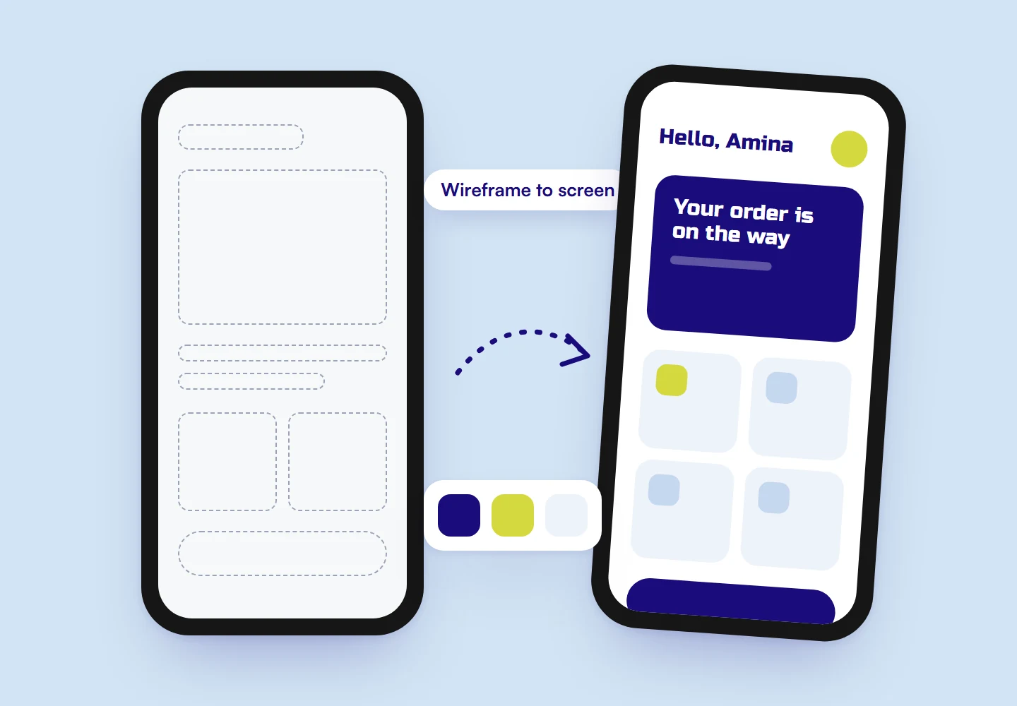 Phone wireframe next to the finished app screen