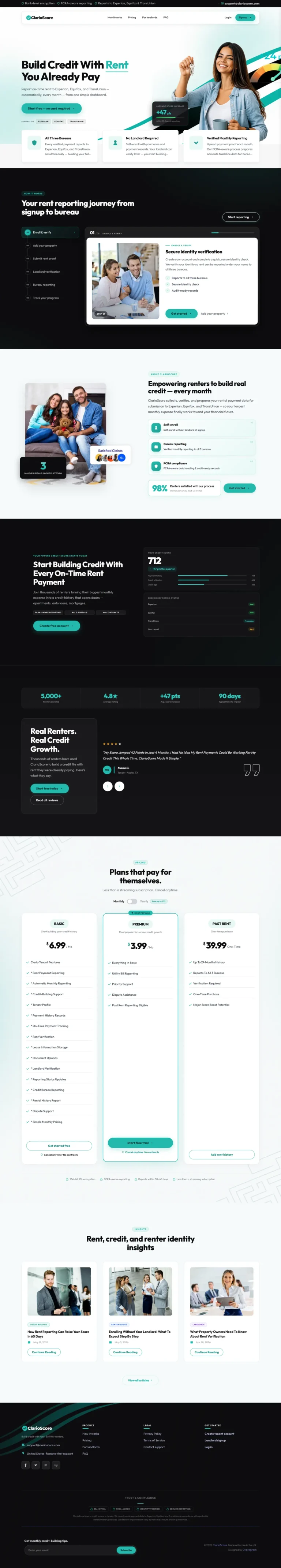 ClarioScore website, full desktop page
